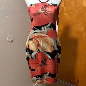 Tropical Strapless Dress - Coral and Black